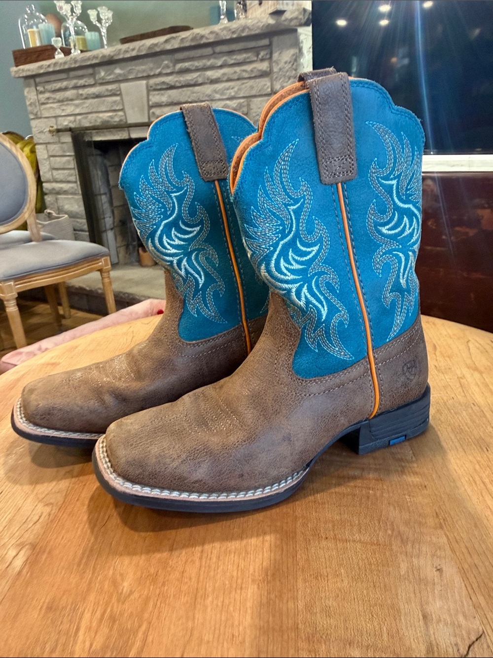 Ariat Kids Outrider Toasty Tan Teal Suede Square Toe Cowboy Boots Size 1